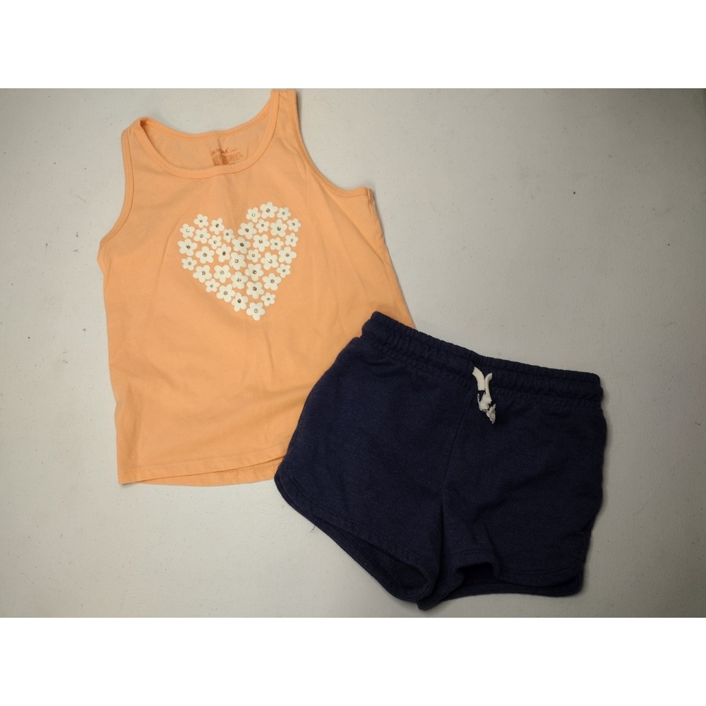 Cat & Jack Girls Peach Floral Heart Tank Top and Navy Shorts Set Size S‎ 6/7